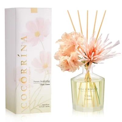 Immagine di COCORRÍNA Fiore Diffusore Profumo Ambiente con 8 Bastoncini di fragranza 250ml Clean Linen, naturale, Lunga Durata, per la Camera da Letto, L&#039;Ufficio, Il Bagno (Collezione Master)