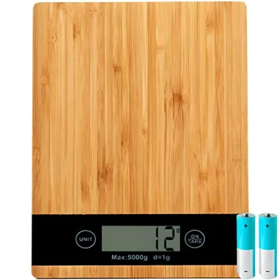 Immagine di Retoo Bilancia digitale da cucina in bambù, display LCD, fino a 5 kg, con sensore di contatto batteria, funzione tara, 23 x 16,1 2,2 cm, alta precisione