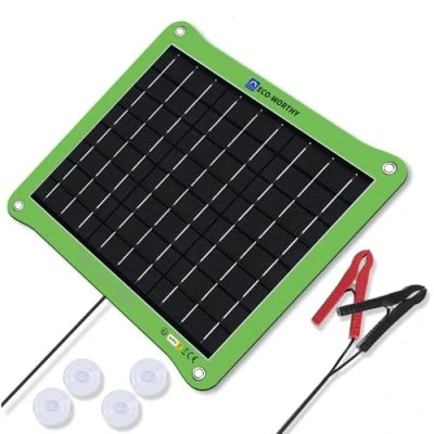 Immagine di ECO WORTHY 7.5 W 12 V Mantenitore Batteria per Auto, Pannello Solare Caricatore di Mantenimento Solari Portatile con Accendisigari o Pinze a Coccodrillo Camper,Campeggio,Automobile,Moto,Barca