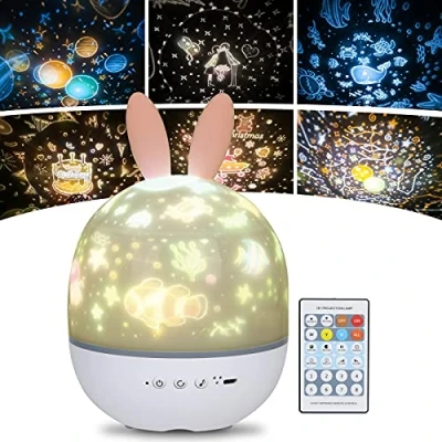 Immagine di URAQT Luci Notte per Bambini, 360Rotazione Musicale Luce Notturna Bambini Proiettore, 6 Colori + Telecomando Timer, USB Ricaricabile Proiettore Stelle Soffitto, Regalo di Compleanno Neonato
