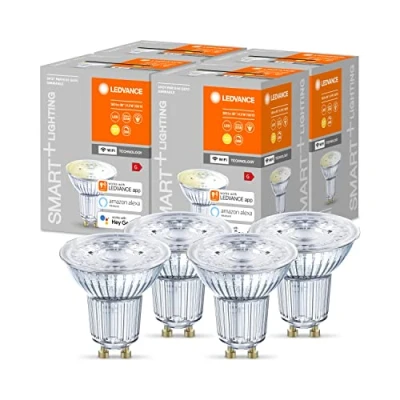 Immagine di LEDVANCE Lampada Smart LED con riflettore tecnologia WiFi, base GU10, bianco caldo (2700 K), dimmerabile, sostituisce le lampade da 40W, SMART+ WiFi SPOT confezione 4