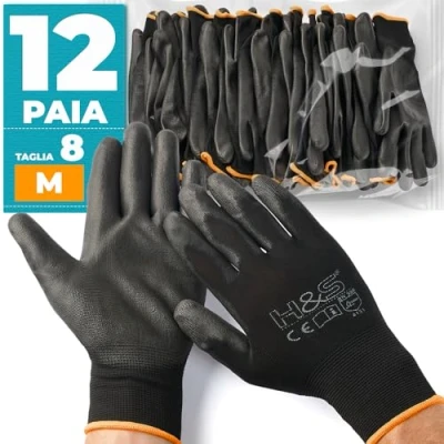 Immagine di 12 paia di guanti da lavoro ISC H &amp; S, nylon, rivestimento in PU; S small (7), M medium (8), L large (9), XL x (10), XXL (11); senza soluzione continuità, versatile, nero, (8)