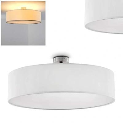 Immagine di lampada da soffitto Foggia, rotonda con paralume in tessuto bianco, Ø 60 cm, 3 x attacco E27, design retrò, senza lampadina/e