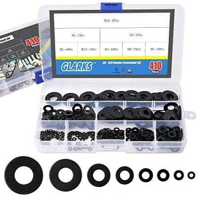 Immagine di Glarks Set di 410 rondelle piatte metriche, M2, M2,5, M3, M4, M5, M6, M8, M10, in lega zincata, colore: Nero