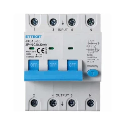 Immagine di Interruttore Magnetotermico Differenziale, 3P+N 6KA 380V, Occupa 4 Moduli DIN, RCBO 30mA C10 10A