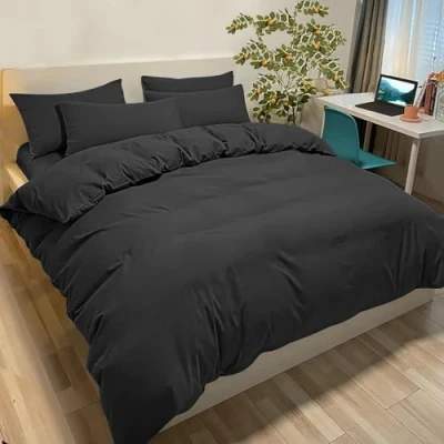 Immagine di Set Copripiumino Singolo 155x220 cm (1 Federa 50x80) Monocromatico in Microfibra Nero, Morbido ed Ipoallergenico, Inclusa 50x80