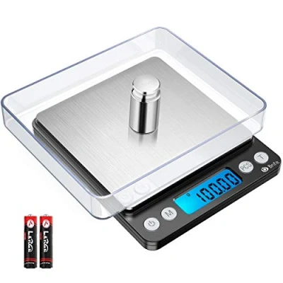 Immagine di Brifit bilancia di precisione, 500 g/0,01 g, da cucina, precisione con funzione tara e conto, schermo LCD retroilluminato, 100 g peso calibrazione (acciaio