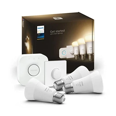 Immagine di Philips Hue White Starter Kit 3 Lampadine Smart, Luce Bianca Calda, Bluetooh, Dimmerabili, Attacco E27, 9.5W, Bridge e Smart Button Inclusi, Bianco