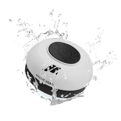 Immagine di Music Hero Speaker 3W con ventosa, tasti per musica e chiamate, microfono integrato vivavoce, protetto dall&#039;acqua utilizzo in doccia, bagno, piscina cucina, colore bianco