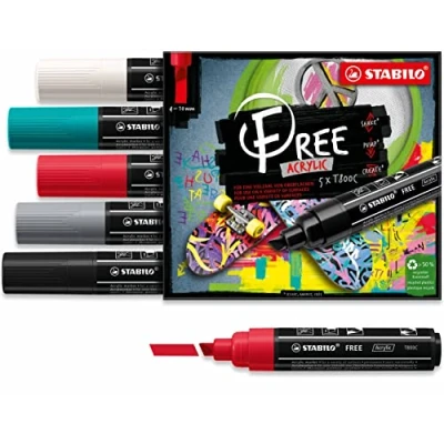 Immagine di Marker acrilico STABILO FREE Acrylic T800C Punta a scalpello 4 10mm Bold Edition Astuccio da 5 Colori assortiti