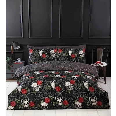 Immagine di Rapport Home set copripiumino nero con teschi e rose, di biancheria da letto matrimoniale in microfibra a tema Halloween