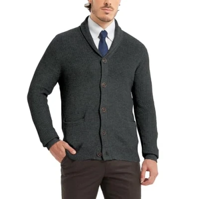 Immagine di Kallspin Maglione da Uomo Cardigan con Collo a Scialle Bottone e Tasche in Lana(Grigio Scuro, M)