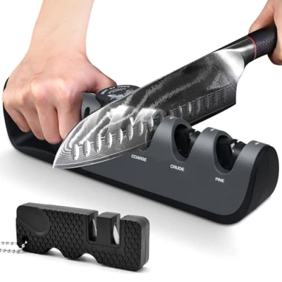 Immagine di BOCHION Affilacoltelli Professionale, 4 in 1 Affila Coltello Manuale con Portatile, Coltelli Cucina Manopola Angolo Regolabile, Affilatore per Dritti, Forbici(Nero)