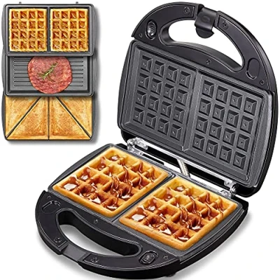Immagine di waffles piastra 3 in 1 Yabano, 800W tostapane per toast, e pancake, con tostiera piastre removibili, Indicatori Luminosi, Rivestimento Antiaderente