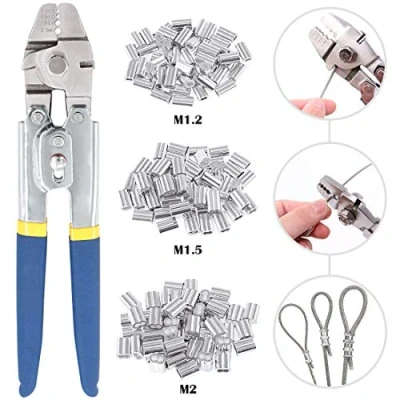 Immagine di Glarks Strumento di crimpatura per funi metalliche fino a 2,2 mm con 150 pezzi, 3 dimensioni, in alluminio, doppio barilotto, ghiera crimpatrice