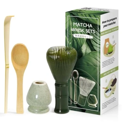 Immagine di Kit da Cerimonia giapponese Matcha 4 Pezzi, Frusta Verde in Resinoso, Cucchiaio Bambù, Paletta Porta Frullino, Set per la bevanda