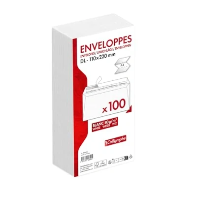 Immagine di Calligraphe (gamma per corrispondenza Clairefontaine) 5665C Confezione da 100 Buste Bianche DL 110x220mm Autoadesive 80g/m²
