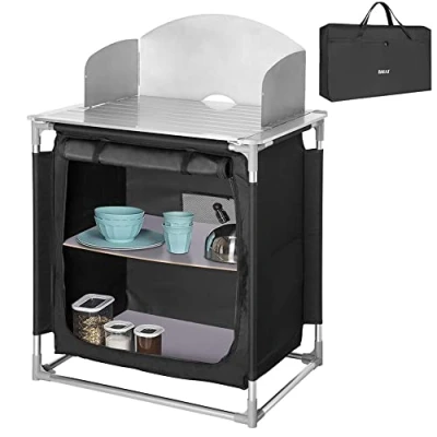 Immagine di BAKAJI Cucina Armadio Mobiletto Tavolo da Campeggio Picnic, Cucinotto Nero Compatto, Portatile e Pieghevole con Telaio in Alluminio, Borsa per il Trasporto Scomparti Interni (75 x 49 113 cm)