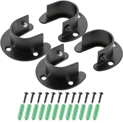 Immagine di Hicello 4 staffe per asta appendiabiti armadio, 25 mm, colore nero, aste appendiabiti, supporti bastoni da appendere, in acciaio inox, armadio bagno e cucina