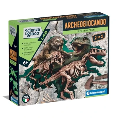 Immagine di Clementoni Scienza e Gioco Lab Archeogiocando T Rex Smilodon 2 in 1, Scientifico 6+ Anni, Fossili Dinosauri da Scavare Assemblare, Kit Archeologo con Realtà Aumentata, Made italy, 19394