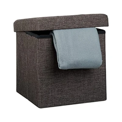 Immagine di Relaxdays Pouf Pieghevole Con Contenitore, Sgabello a Forma di Cubo, Lino, Coperchio Rimovibile, 38x38x38 cm; Marrone