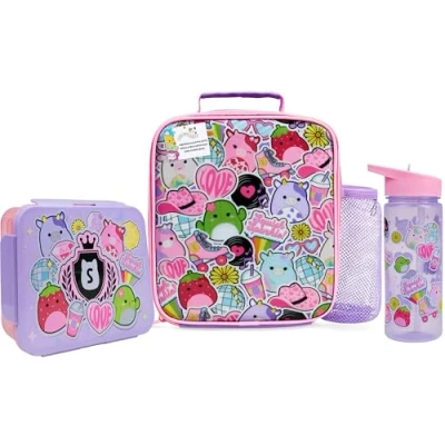 Immagine di Get Trend Squishmallows Borraccia, Borsa Porta Pranzo e Merenda Bambini, 3Pz Set, Materiale Scolastico, BPA Gratuito, A Prova di Perdite (Multi Squishmallows)