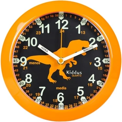 Immagine di KIDDUS Orologio da Parete Didattico per Bambini, Ragazzi. Analogico. Con Esercizi Imparare a Leggere l’Ora. Movimento al Quarzo Silenzioso. ESPAÑOL DINO