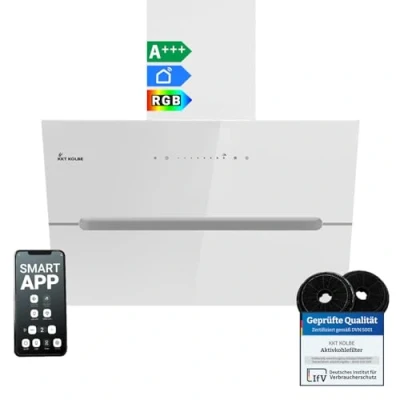 Immagine di Cappa aspirante 60 cm/Cappa Cucina Inclinata/acciaio inossidabile/vetro bianco/WiFi/auto spegnimento/Illuminazione LED RGBW/Operazione di tocco / ECCO6005WM