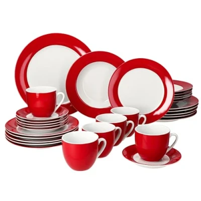 Immagine di MamboCat Servizio combinato Variant, 30 pezzi, in porcellana con bordo rosso, per 6 persone, tazze da caffè 200 ml, piattini, piatti torta, fondi e piani