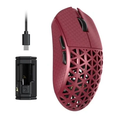 Immagine di ATTACK SHARK R5 Ultra Mouse da Gioco Wireless HyperSpeed in Fibra di Carbonio, Ultraleggero 39g, Griptape, 2,4G/BT/USB C, Sensore PAW3950MAX, Frequenza Polling 8KHz, 42KDPI, Win/Mac ROSSO