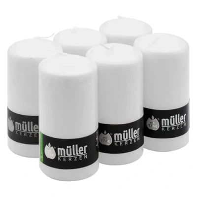 Immagine di Müller Candele Bianche a Colonna Cilindriche, Set di 6 Colore Bianco, dim. 68 x 135 mm, Lunga Durata 40 Ore, Cera Antigoccia, Inodore, Qualità RAL