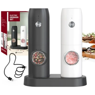 Immagine di CIRCLE JOY Set Macina Sale e Pepe Elettrico Spezie con Doppia Stazione di Ricarica, Contenitore da 70ml, Luce LED Bianca Rugosità Regolabile, Bianco Nero