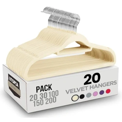 Immagine di Utopia Home 20 pz Grucce Appendiabiti in Velluto Resistente con Fermacravatta Appendini Antiscivolo Premium per Abiti Gancio Girevole a 360 Gradi (Avorio)