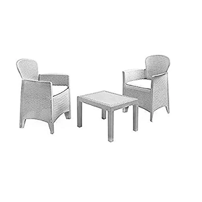 Immagine di Dmora Set salotto da esterno Foggia, Composizione giardino con 2 poltrone ed 1 tavolino, Salottino effetto rattan cuscini, 100% Made in Italy, Bianco