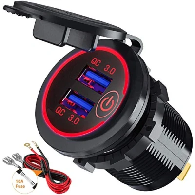 Immagine di QC3.0 Presa USB per Auto Doppio con Interruttore Touch 12V / 24V 36W 2 Porte Caricabatteria Impermeabile LED Indicazione (Rosso))
