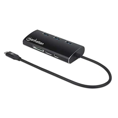 Immagine di Manhattan Dock/Hub USB C con lettore di schede, porte (x6): Ethernet, HDMI, A (x3) e C, Power Delivery alla porta (100W), cavo 30 cm, alluminio, nero, garanzia tre anni, scatola
