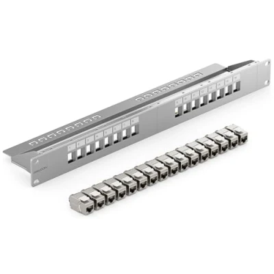 Immagine di deleyCON 16 Porto Pannello Delle Patch Set Modulare 1 IU 19&quot; Pollici Montaggio Rack + 16x RJ45 Keystone Moduli CAT6a Compatibile con CAT5 CAT6 CAT7 LAN Cavi di Rete Posa Grigio