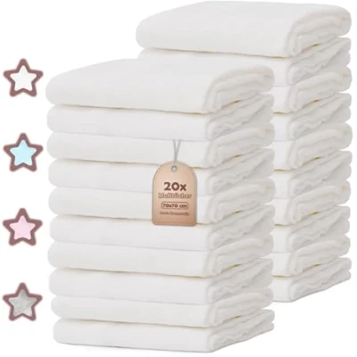 Immagine di NatureMark® Confezione da 20 panni in garza, 70 x cm, 100% cotone, chiffon, colore bianco, testati contro le sostanze nocive, certificato Oeko Tex, di alta qualità (20 bianco)