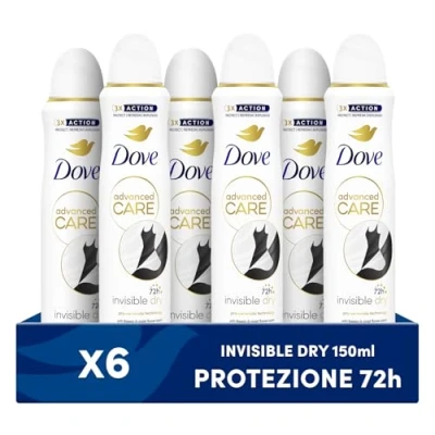 Immagine di Dove Deodorante Spray Advanced Care Invisible Dry, con Formula Idratante e Delicata sulla Pelle, Anti macchia, Pelle Asciutta Fino a 72 Ore, Uomo Donna, 6 Pezzi da 150ml