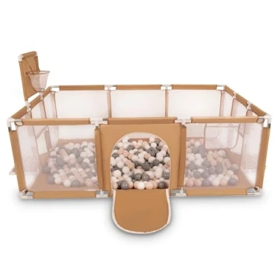 Immagine di SELONIS Recinto Per Bambini Con 200 Palline 6 Cm, Playground Box, Beige: Beige Pastello/Grigio/Bianco
