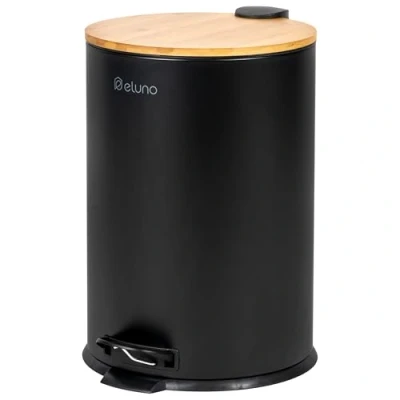 Immagine di eluno Pattumiera a pedale, 20 litri, con coperchio in bambù Soft Close, per bagno, cucina, secchio interno plastica estraibile, e metallo (nero)