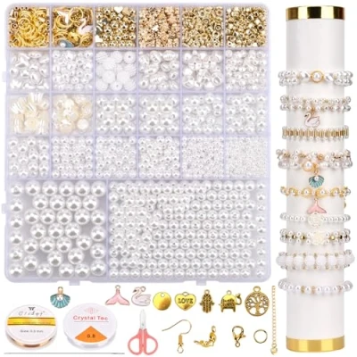 Immagine di Set di perle bianche combinate artificiali con perline distanziali da infilare per la creazione gioielli, collane, bracciali, gioielli fai te..
