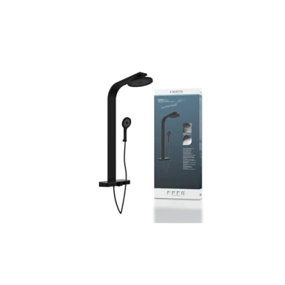 Immagine di SCHÜTTE 60576 SAMOA RAIN Pannello doccia con ripiano in vetro termostatico, sistema tecnologia velvet jet, set (doccia a pioggia supporto parete, colonna doccia), nero opaco