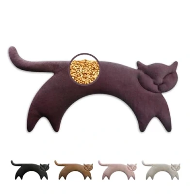 Immagine di LESCHI cuscino cervicale termico per microonde, 100% cotone e grano biologico, gatto viola, riscaldante ideale come fonte di calore in inverno alleviare tensioni a spalla schiena collo
