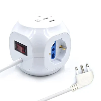 Immagine di Multipresa Elettrica, Ewent a Cubo 3 prese Schuko, con 2 USB e 1 presa C, Spina Italiana 16A cavo lungo 1.5 metri, Protezione da Sovratensione, Adatta per Casa/Ufficio, Nera