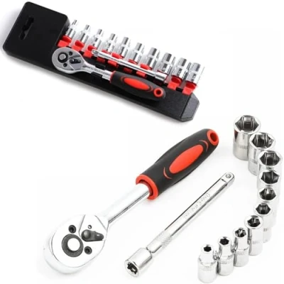 Immagine di LSLANSOON set di chiavi a bussola cricchetto da 1/4&quot;, kit attrezzi meccanici e prese con manico reversibile sgancio rapido barra estensione, 12 pezzi