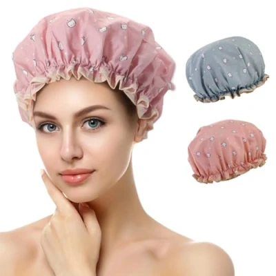 Immagine di Cuffia Doccia Donna, da Riutilizzabile Impermeabile, Elastica Grande Shower Caps, Capelli Doccia, Doppio Strato con Elastici, per Donna Salon Spa Bagno Uso Domestico