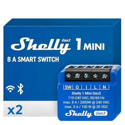 Immagine di Shelly 1 Mini Gen3, Confezione de 2, Interruttore Realis Wi Fi e Bluetooth, Canale 8A, Controllo illuminazione, porta del garage, Alexa Google Home, App iOS Android, Contatti puliti