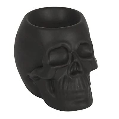 Immagine di Bruciatore a olio forma di teschio in ceramica nera, 10 cm x (1 pezzo), design lussuoso, materiale alta qualità, accessorio per aromaterapia, ideale la casa e l&#039;ufficio