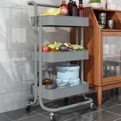 Immagine di Shally Dogan Carrello da Cucina di Servizio Salvaspazio in Metallo con Ruote, Scaffale Slim Portavivande Maniglia per Trasporto, Carrellino Multiuso Portaoggetti a 3 Ripiani (Grigio)